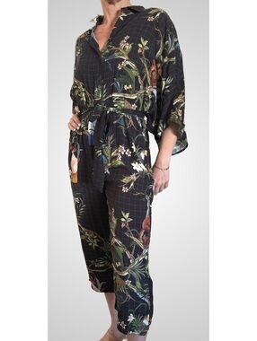 Farm Rio Black Tropical Print Jumpsuit with Belt Size Small #boho #anthropologie